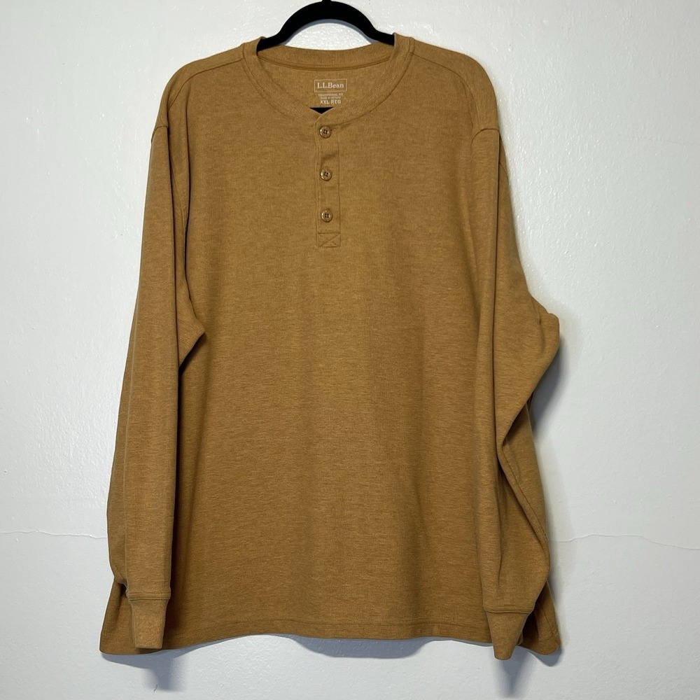 L.L.Bean Henley Shirt Mens XXL Tan Traditional Fit Waffle Knit Long Sleeve